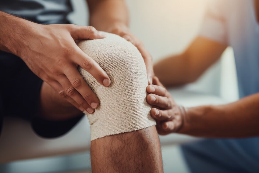 Photo of a knee wrapped in gauze 